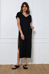 Black Maxi Dress Short Sleeve V Neck