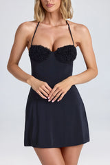 Halterneck Ruffle-Appliqué A-Line Mini Dress in Black