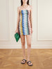 Strapless striped metallic crochet-knit mini dress