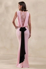 Elladine | Pink Round-Neck Maxi Dress With Lace-Back And Bow-Detail
