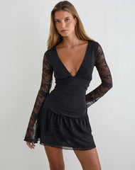 Mishal Long Sleeve Plunge Mini Dress in Lace Black