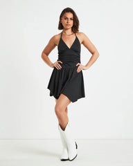 Sawyer Asymetric Hem Halter Mini Dress in Black
