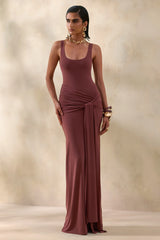 Lienna | Brown Scoop-Neck Maxi Dress With Gathered-Detail And Sash
