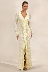 Exelia | Lemon Lace Plunge-Neck Maxi Dress With Long-Sleeves