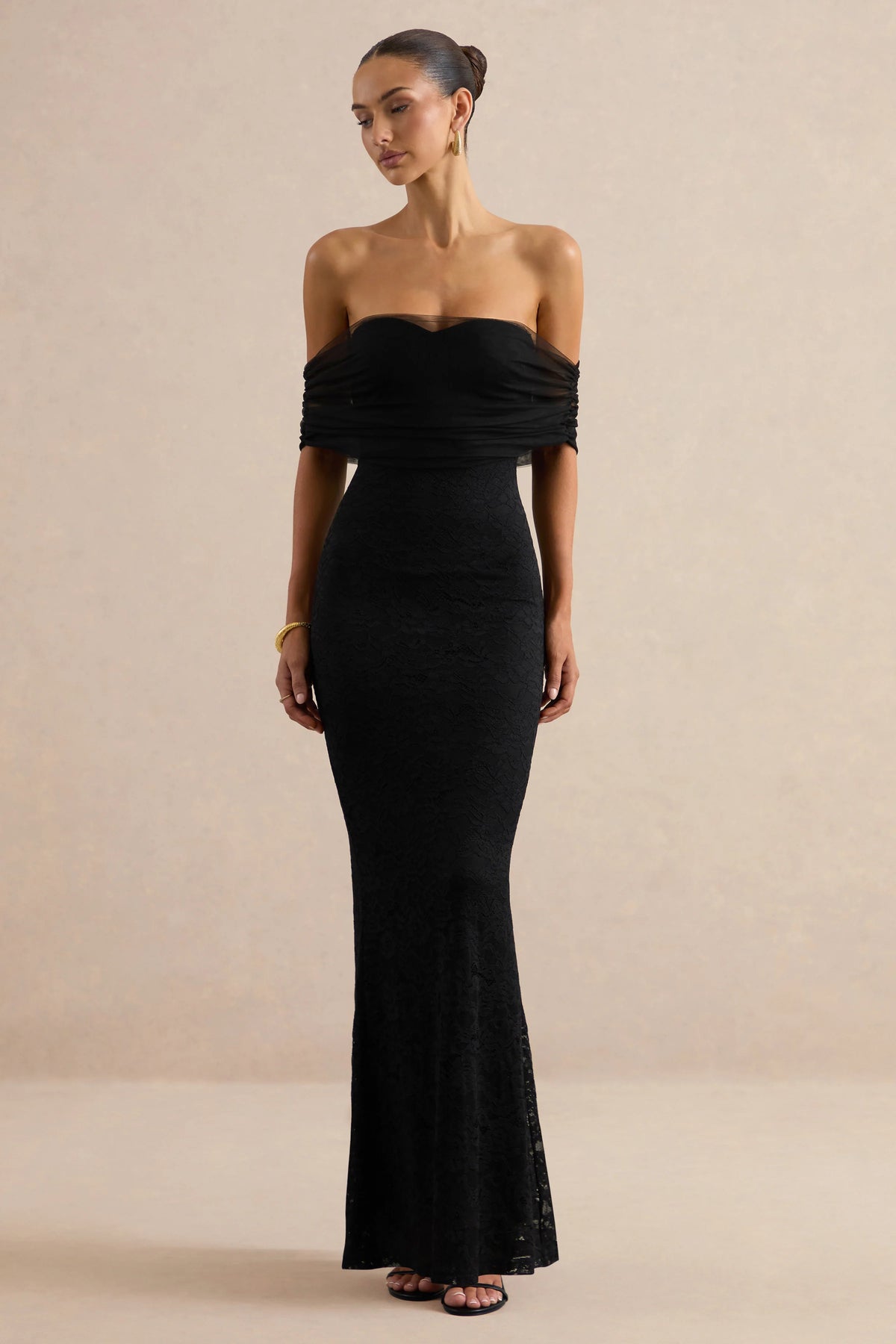Novessa | Black Lace Bardot-Neck Maxi Dress