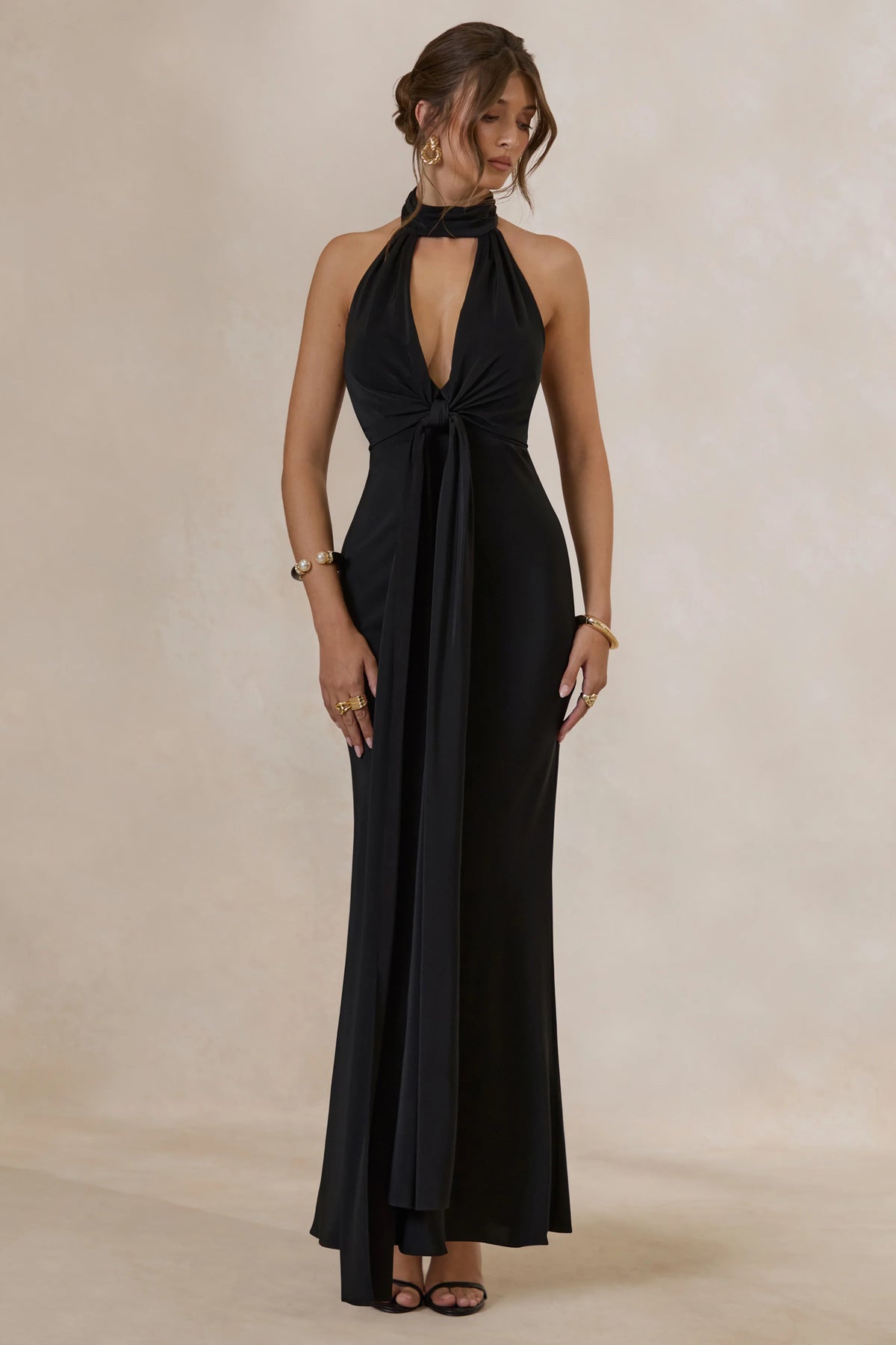 Canella | Black Satin Halter-Neck Maxi Dress With Sash-Detail