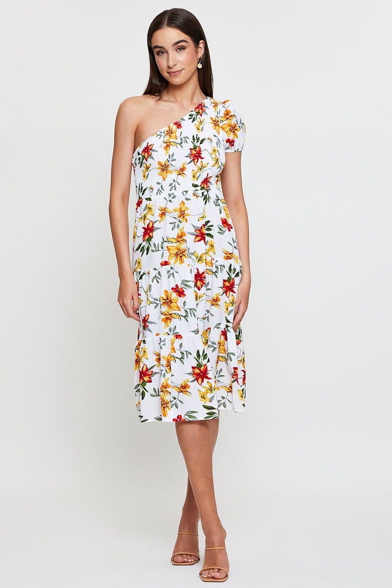 Multi Floral Print Midi Dress One Shoulder Short Sleeve