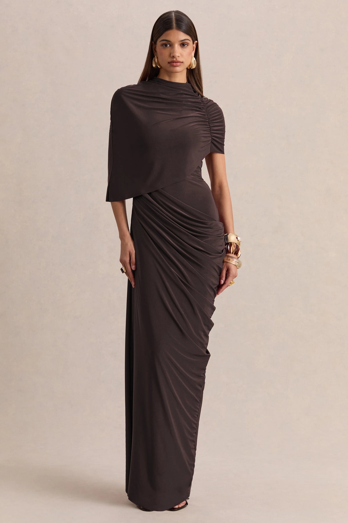 Lunaline | Brown High-Neck Maxi Dress With Asymmetric Cape And Draped-Detailing