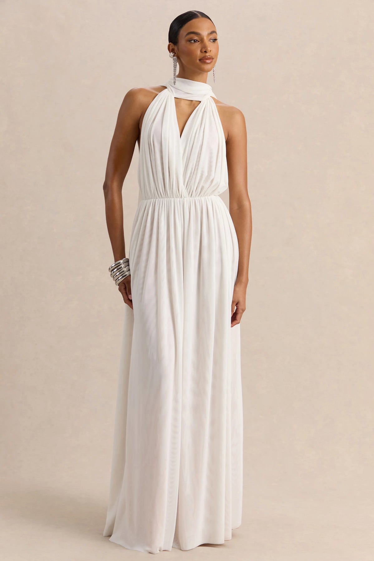 Rylina | White Mesh Halter-Neck Maxi Dress With Scarf And Open-Back