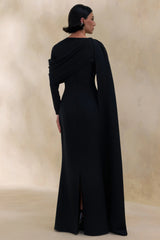Heliora | Black V-Neck Maxi Dress With Sash And Draped-Detail