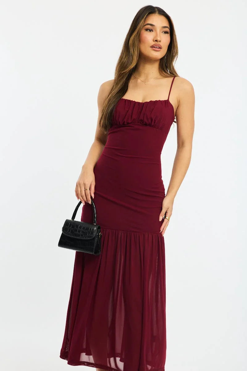 Red Maxi Dress Gathered Bust Mesh