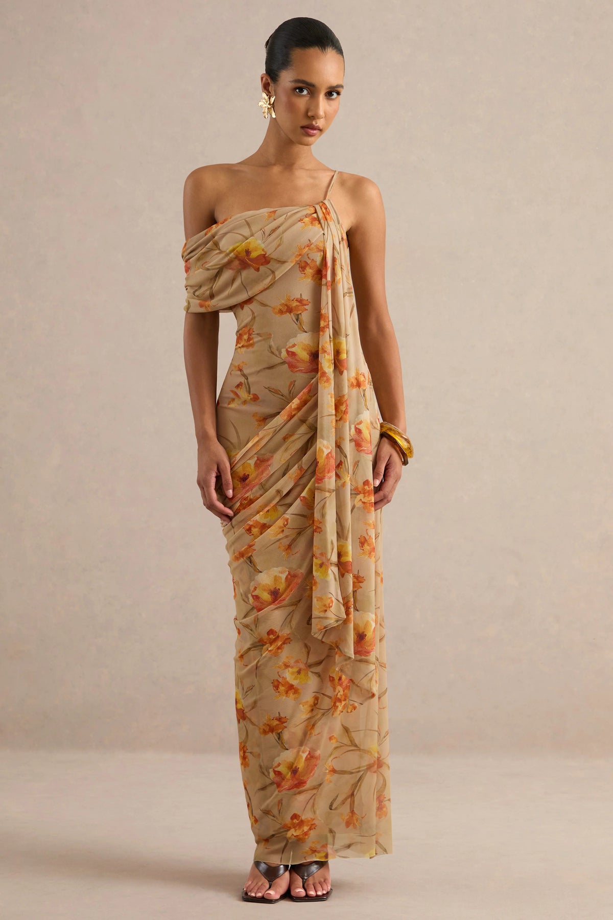 Afton | Orange Floral Mesh Asymmetric-Neck Maxi Dress With Sash Detail