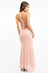 Pink Ditsy Maxi Dress Cowl Neck