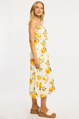 Orange Abstract Midi Dress Ribbon Detail Strappy