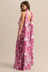 Veronique | Pink Hibiscus Floral Halter-Neck Maxi Dress
