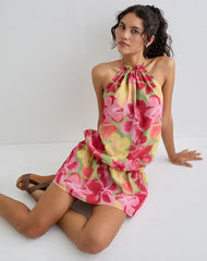 Veloria Halterneck Mini Dress in Bold Multi Colour Floral