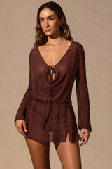 Long-Sleeve Mini Dress in Espresso Brown