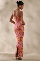 Mabel | Orange Floral Sequin Bandeau-Neck Maxi Dress