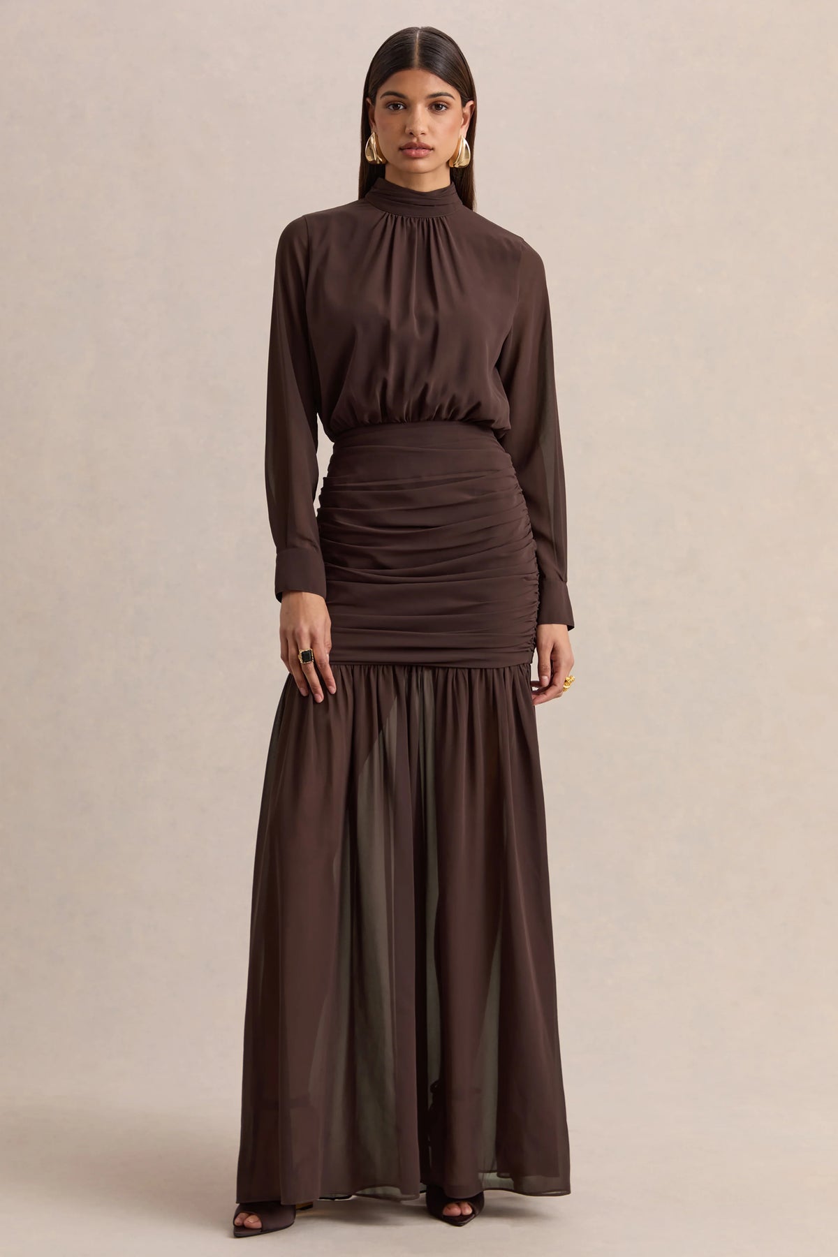 Zella | Brown High-Neck Maxi Dress With Sheer-Skirt