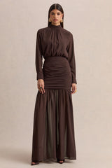 Zella | Brown High-Neck Maxi Dress With Sheer-Skirt