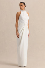 Charlotte | White Halter-Neck Maxi Dress With Gathered-Detailing