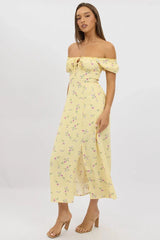 Yellow Floral Midi Dress Ruched Bust