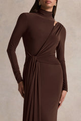 Alastrina | Brown High-Neck Maxi Dress With Gathered-Detailing