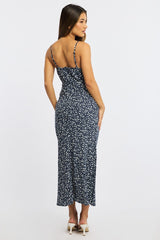 Blue Ditsy Midi Dress Gathering Bust Sleeveless