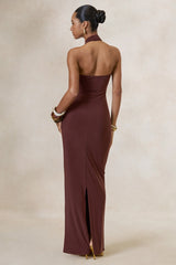 Delaina | Dark Brown Halter-Neck Maxi Dress With Gold Detail And Sash