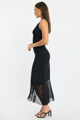 Black Maxi Dress Asymmetric Shoulder Mesh