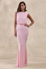 Elladine | Pink Round-Neck Maxi Dress With Lace-Back And Bow-Detail