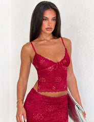 KIRRA BEADED SEQUIN LACE MIDI SKIRT - RED