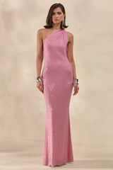 Deity | Pink Hotfix Asymmetric-Neck Maxi Dress With Open-Back