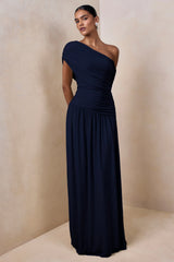Emberly | Navy Draped Asymmetric-Neck Maxi Dress With Drop-Waist