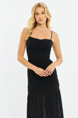 Black Maxi Dress Gathered Bust Mesh
