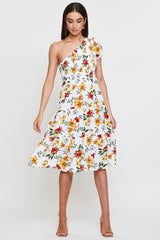 Multi Floral Print Midi Dress One Shoulder Short Sleeve