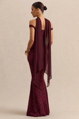 Iselle | Burgundy Lace Bardot-Neck Maxi Dress With Scarf-Detail