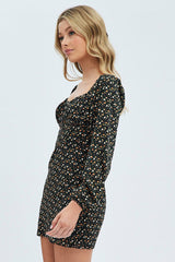 Black Floral Midi Dress Long Sleeve Gathering Bust