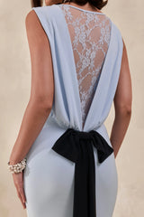 Elladine | Powder Blue Round-Neck Maxi Dress With Lace-Back And Bow-Detail