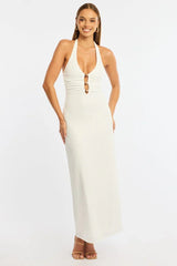White Maxi Dress Beading Trim Textured Fabric