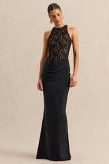 Anthelia | Black Lace And Satin Racer-Neck Maxi Dress With Draped-Detail