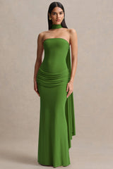 Graciella | Green Bandeau Maxi Dress With Draped Detailing And Scarf