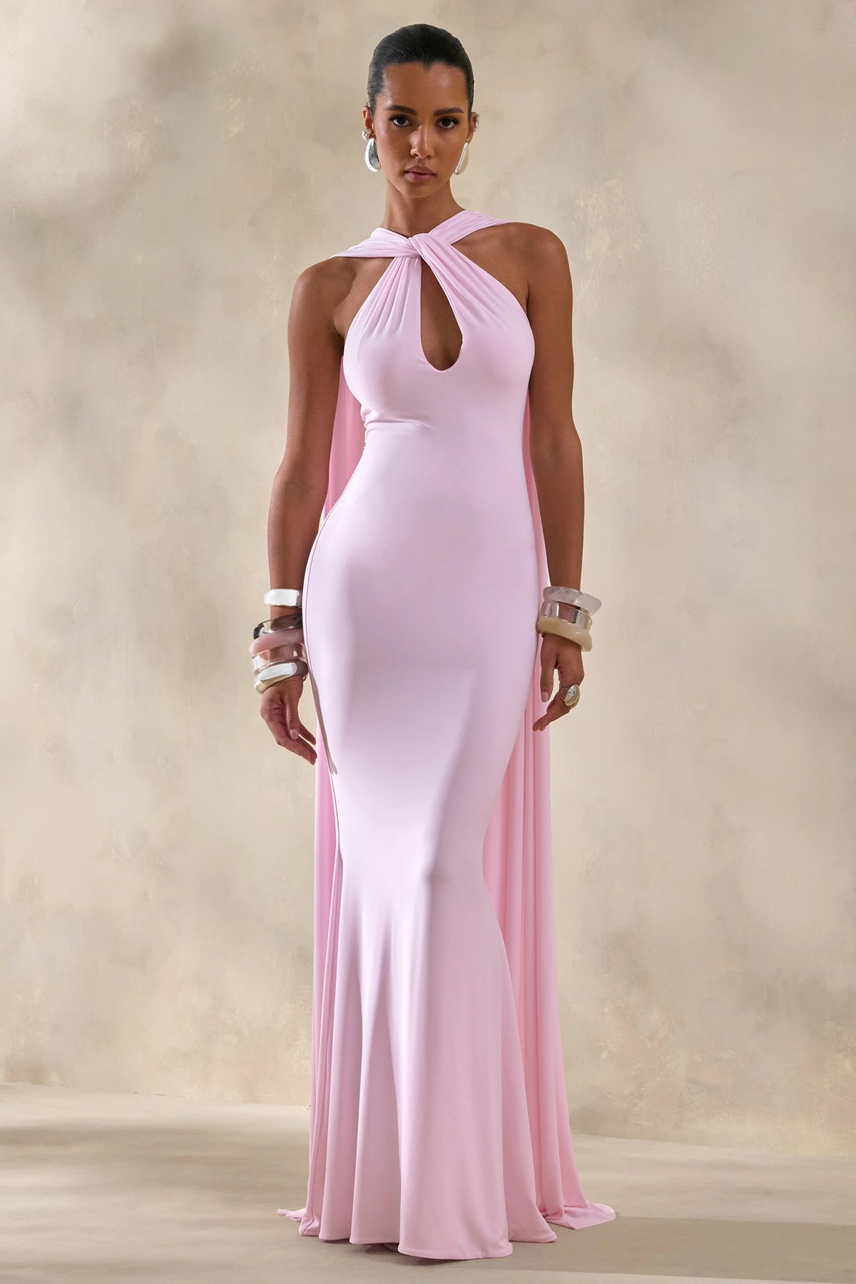 Rhoda | Light Pink Twist Halter-Neck Cape Maxi Dress