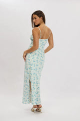 Blue Floral Midi Dress Gathering Bust Sleeveless