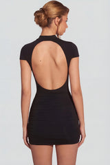 Jersey Turtleneck Ruched Backless Mini Dress in Black