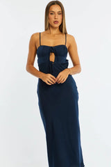 Blue Midi Dress Ribbon Detail Satin