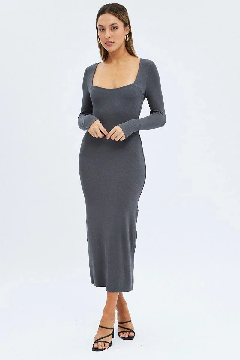 Grey Midi Dress Long Sleeve Bodycon Ribbed
