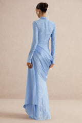 Enestra | Powder Blue High-Neck Lace Maxi-Dress With Draped-Skirt