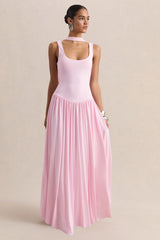 Aurina | Pink Square-Neck Maxi Dress With Scarf-Detail