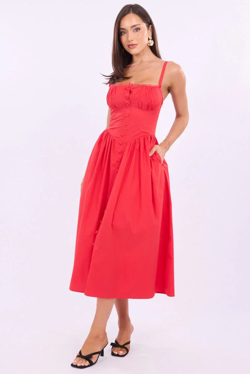 Red Midi Dress Lace Trim Corset Detail Poplin